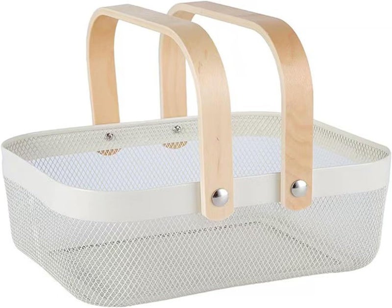 AJIODA Metal Mesh Steel Basket, Storage Organizer Basket Garden Harvest Basket Multi-functional Kitchen Fruit Baskets Bin with Wooden Handle for Bathroom Picnic Shopping Decor Cabinet Home, White - Image 1